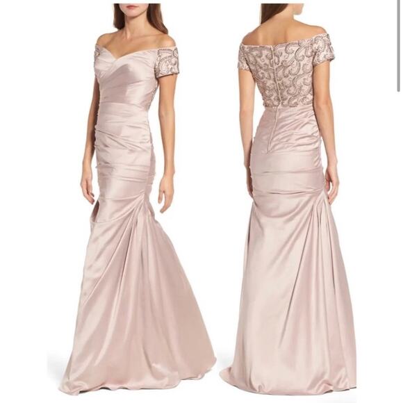 NWOT La Femme Off the Shoulder Beaded Satin Trumpet Gown in Champagne - Picture 2 of 11